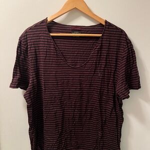 All Saints Striped Black and Burgundy V-Neck Tee